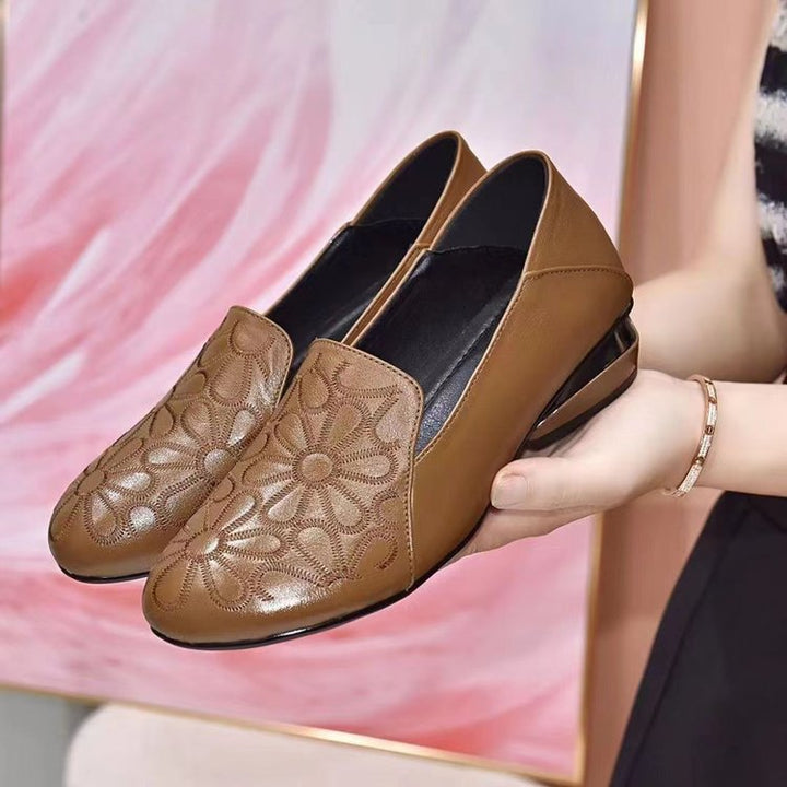Damen nan elegante gepolsterte Lederloafer mit floral geprägter Oberfläche und mittelhohem Blockabsatz Drune