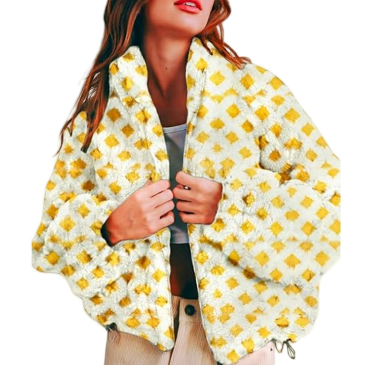 Damen trendige Kurzjacke mit Karomuster und weichem Plüsch Drune