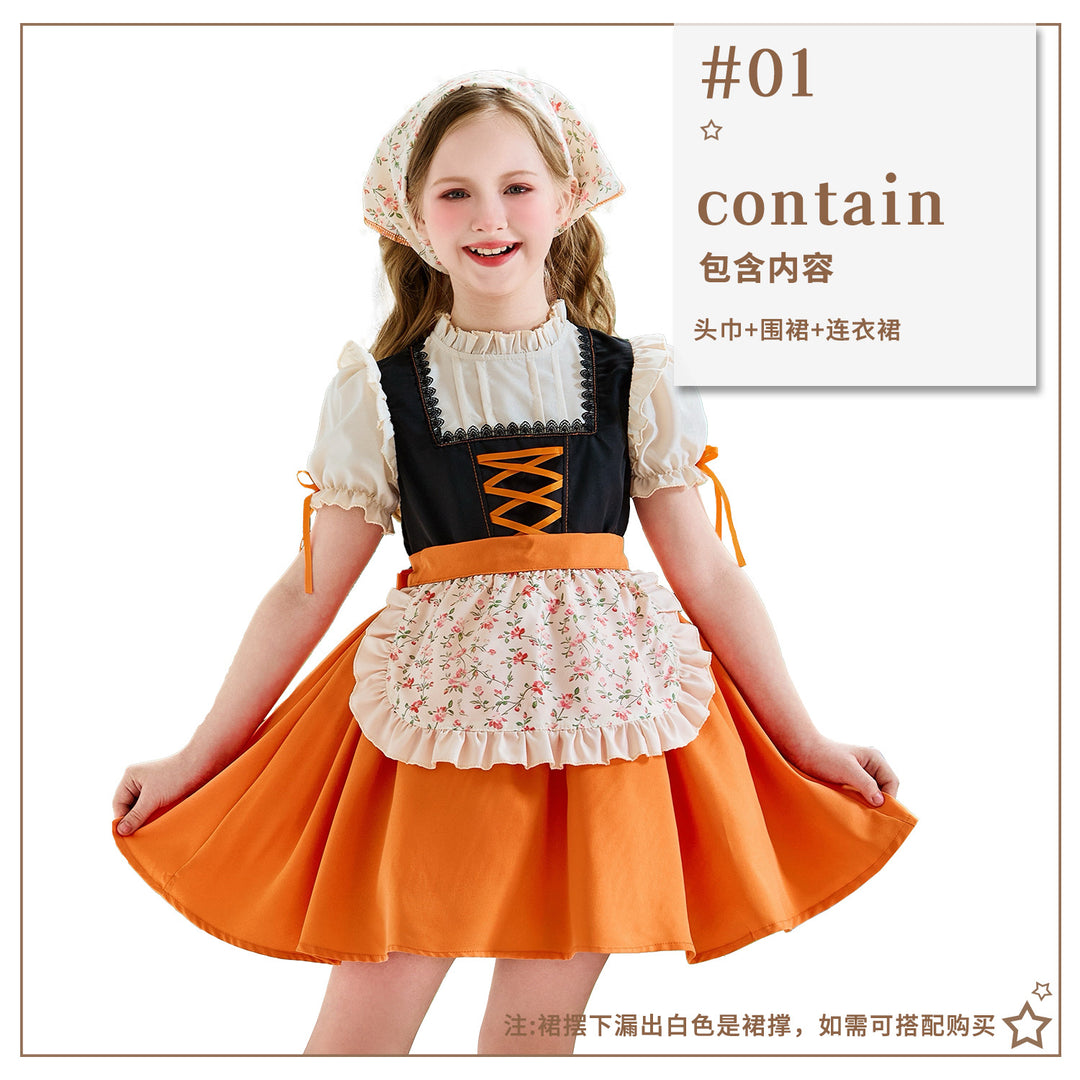 Damen nan traditionelles Kinderdirndl mit Schnürung, Rüschenschürze und Kopftuch Drune