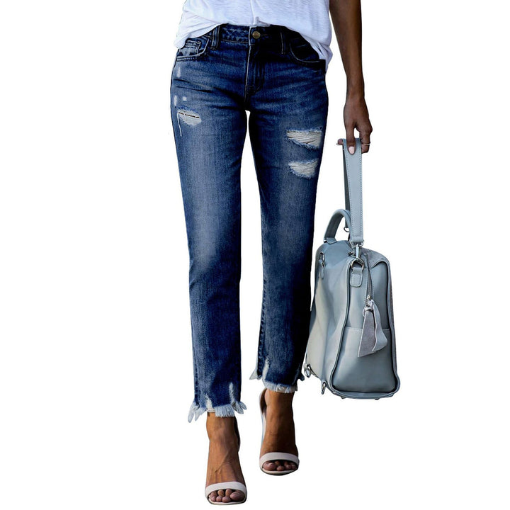 Damen Vintage Slim-Fit Jeans mit fransigem Saum und modischen Rissen Drune