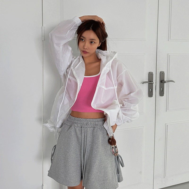 Damen leichte Windbreaker-Jacke mit Kapuze und Kängurutasche Drune