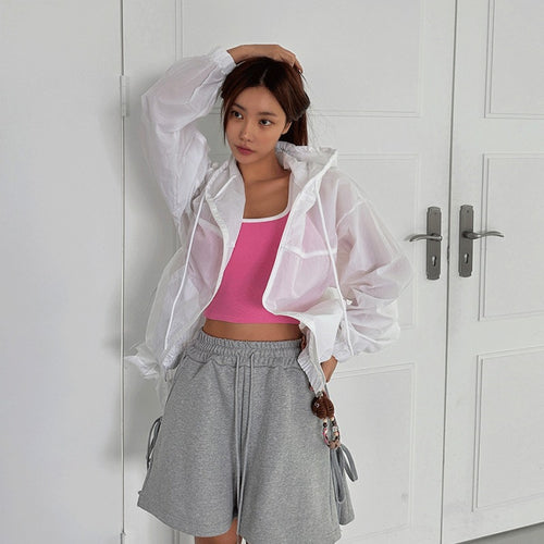 Damen leichte Windbreaker-Jacke mit Kapuze und Kängurutasche Drune