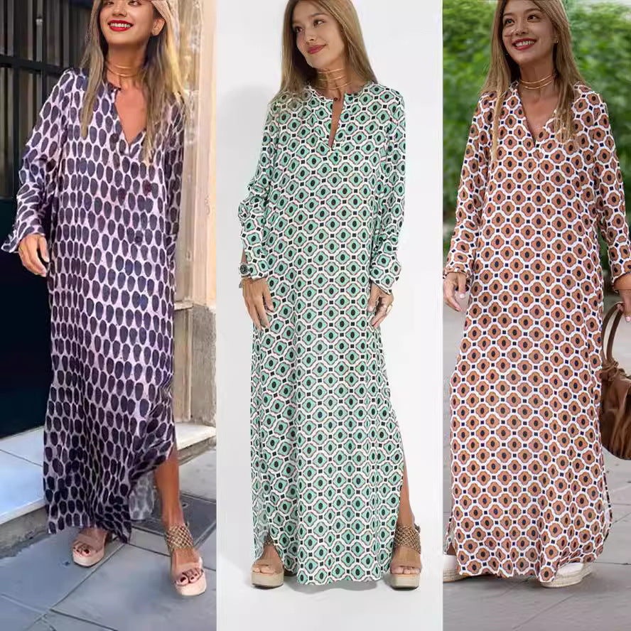 Damen Maxikleid mit modernem grafischen Muster und luftigen Ärmeln Drune