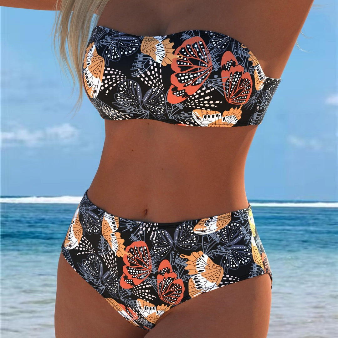 Damen Bandeau-Bikini mit hohem Taillenschnitt und kontrastierendem Blumendesign Drune
