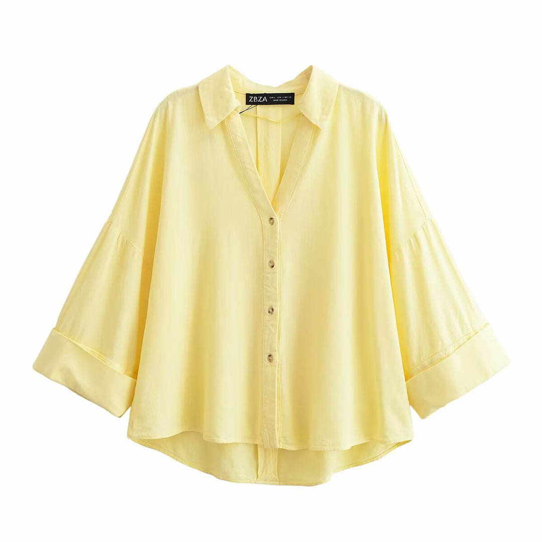 Damen nan lockere oversized Hemdbluse mit weitem Kragen und Dreiviertelärmeln Drune