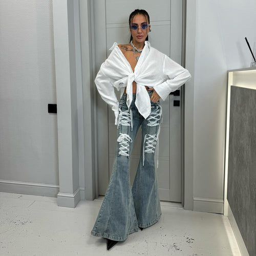 Damen Flared Jeans mit raffiniertem Schnür-Design Drune