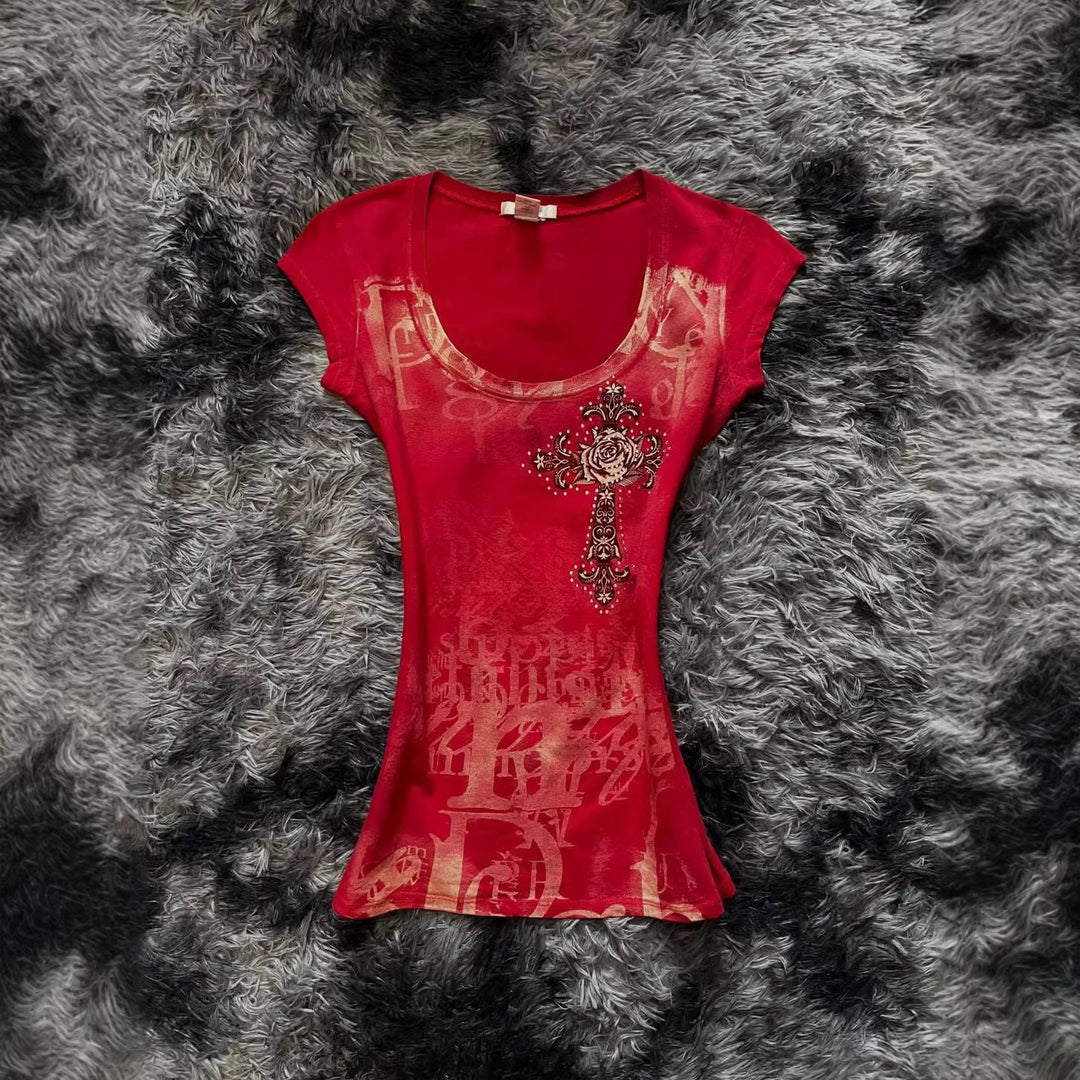 Damen modisches T-Shirt mit einzigartigem Cross-Design Drune