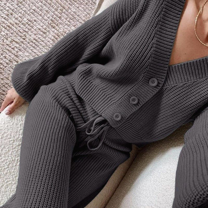 Damen lässiges Strick-Loungewear-Set mit Knopfdetails Drune