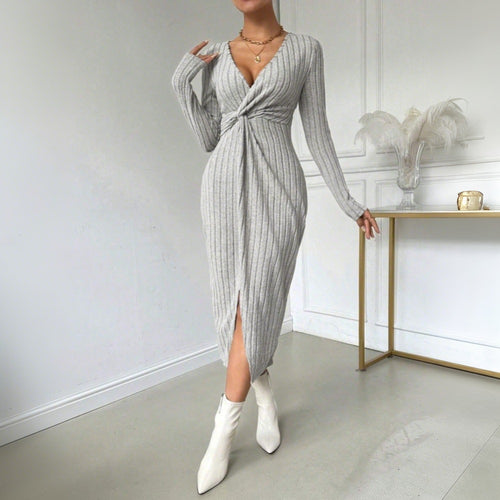 Damen figurbetontes Midi-Kleid mit Twist-Detail und seitlichem Schlitz Drune