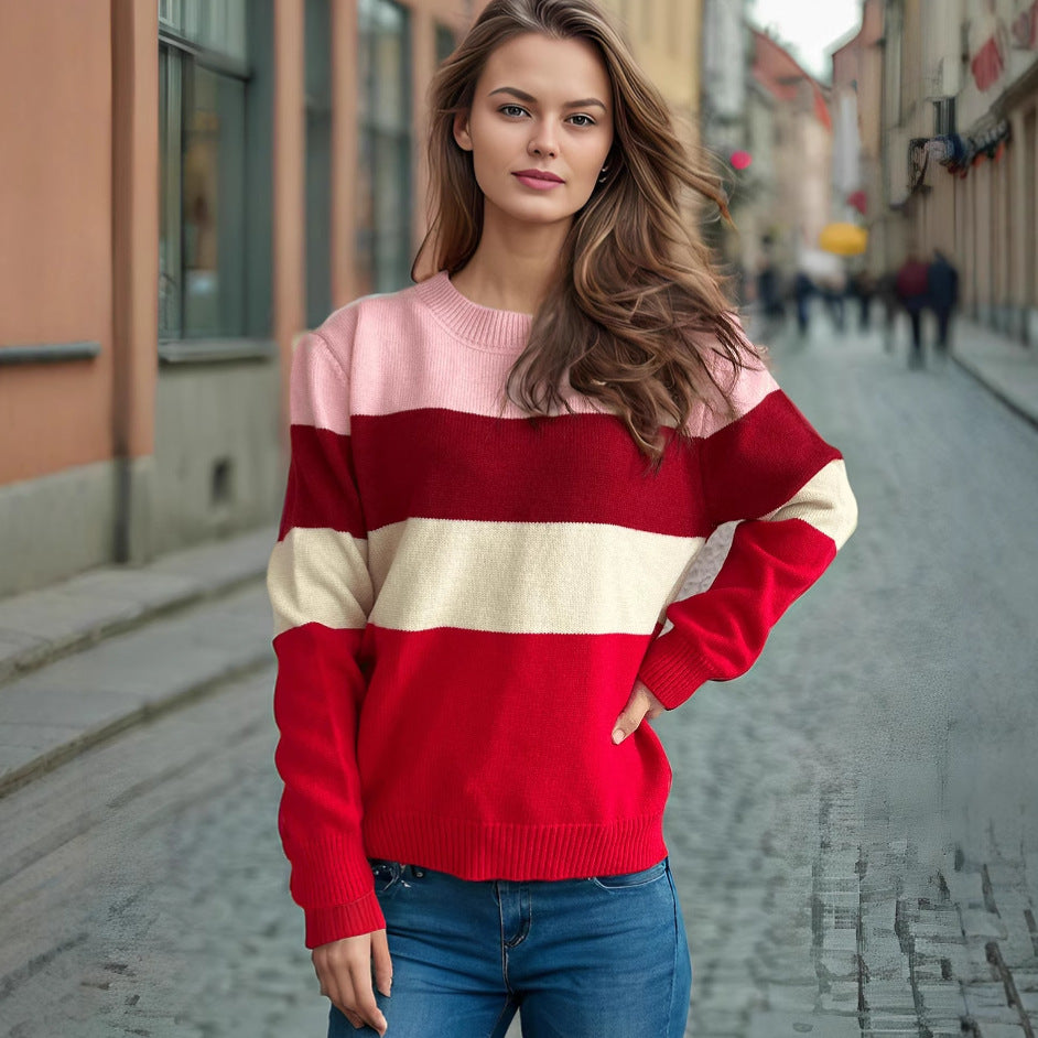 Damen lockerer Strickpullover mit buntem Streifenmuster Drune