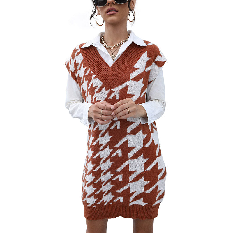 Damen Strickkleid mit auffälligem Hahnentrittmuster Drune