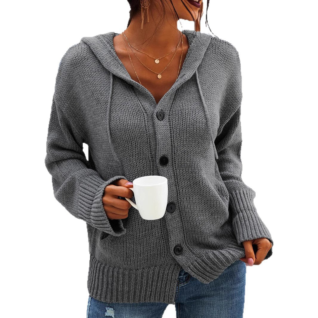 Damen bequeme Strickjacke mit Kapuze und Knopfverschluss Drune