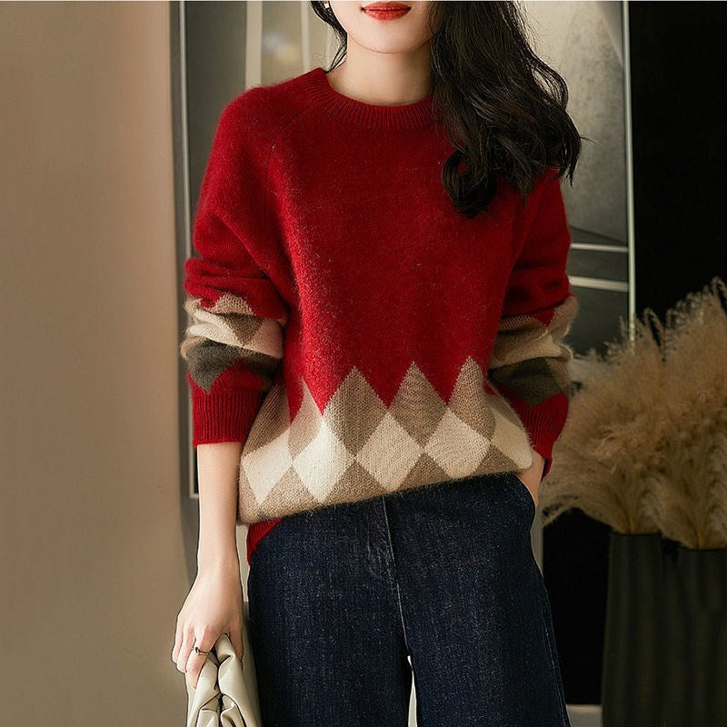 Damen lässiger Strickpullover mit modernem Rhombenmuster und weichem Material Drune