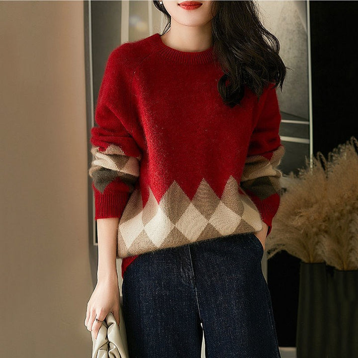 Damen lässiger Strickpullover mit modernem Rhombenmuster und weichem Material Drune