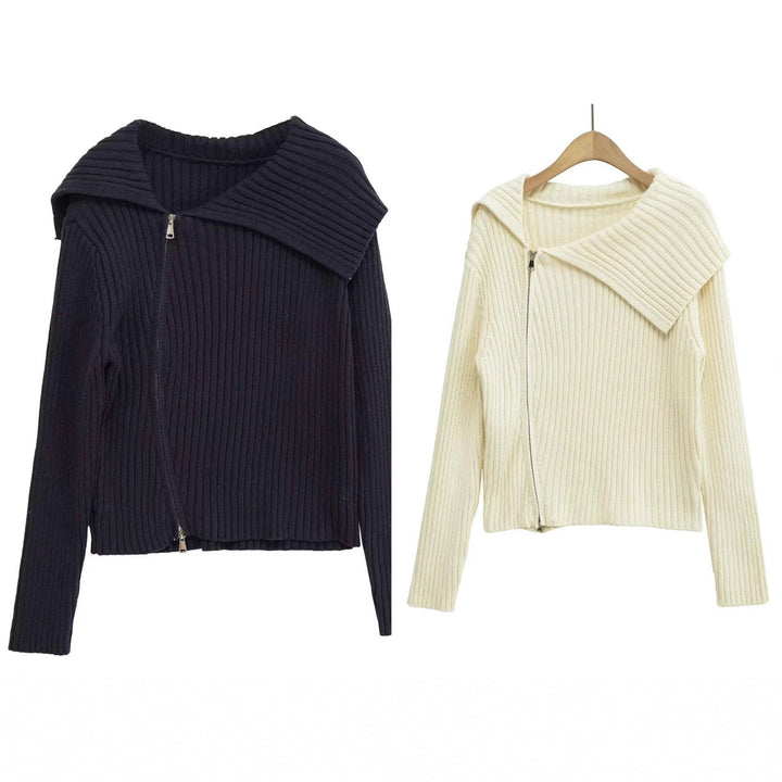 Damen Rippenstrickjacke mit großem Kragen und asymmetrischem Reißverschluss Drune