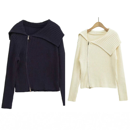 Damen Rippenstrickjacke mit großem Kragen und asymmetrischem Reißverschluss Drune