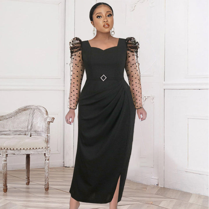 Damen elegantes Midi-Kleid mit transparenten Puffärmeln und zartem Rüschenakzent Drune