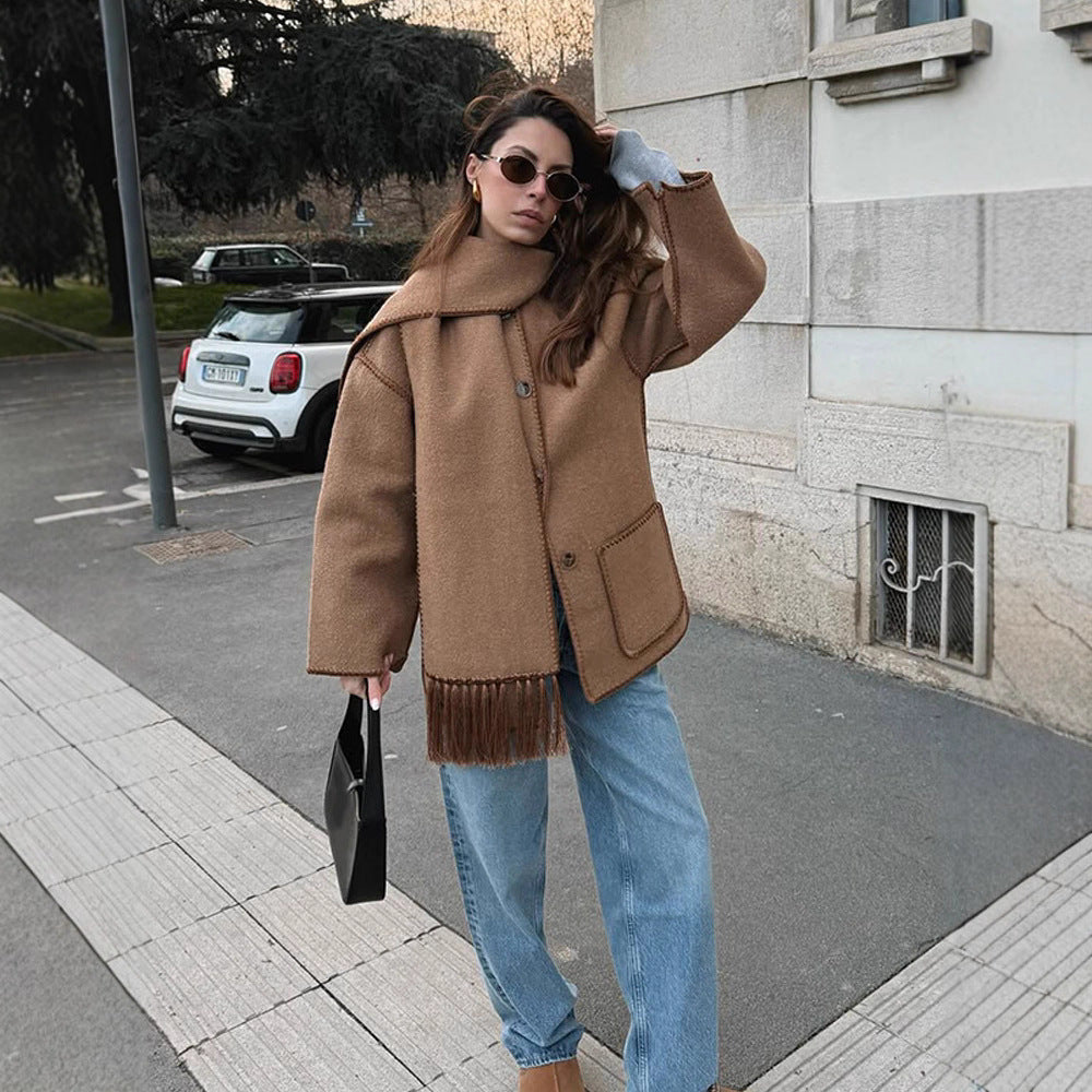 Damen oversized Mantel mit Fransendetails Drune
