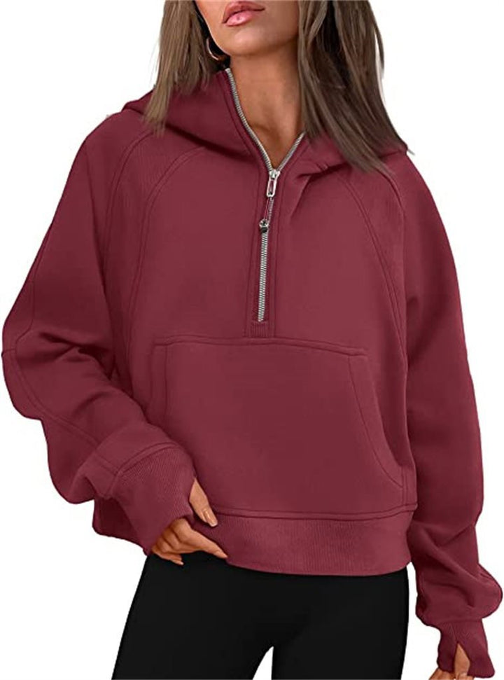 Damen Kapuzenpullover mit halbem Reißverschluss und praktischer Kängurutasche Drune