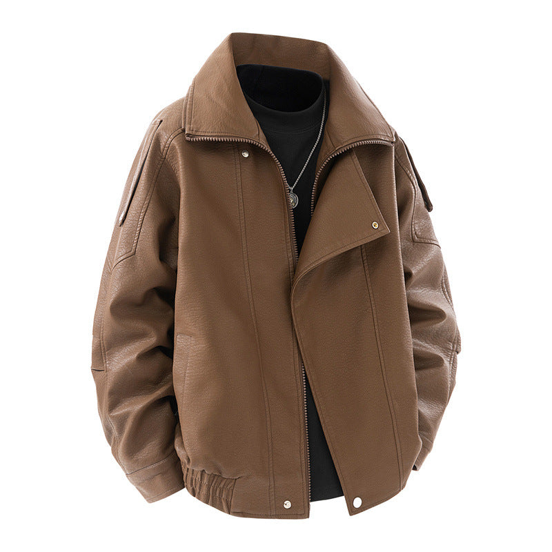 Damen modische Kunstlederjacke mit hohem Kragen und praktischen Seitentaschen Drune