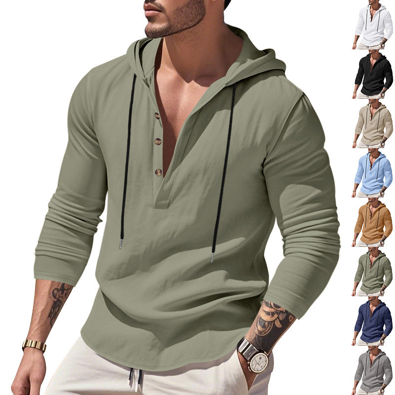 Herren nan lässiges Leinenhemd mit Kapuze und Henley-Knopfleiste Drune