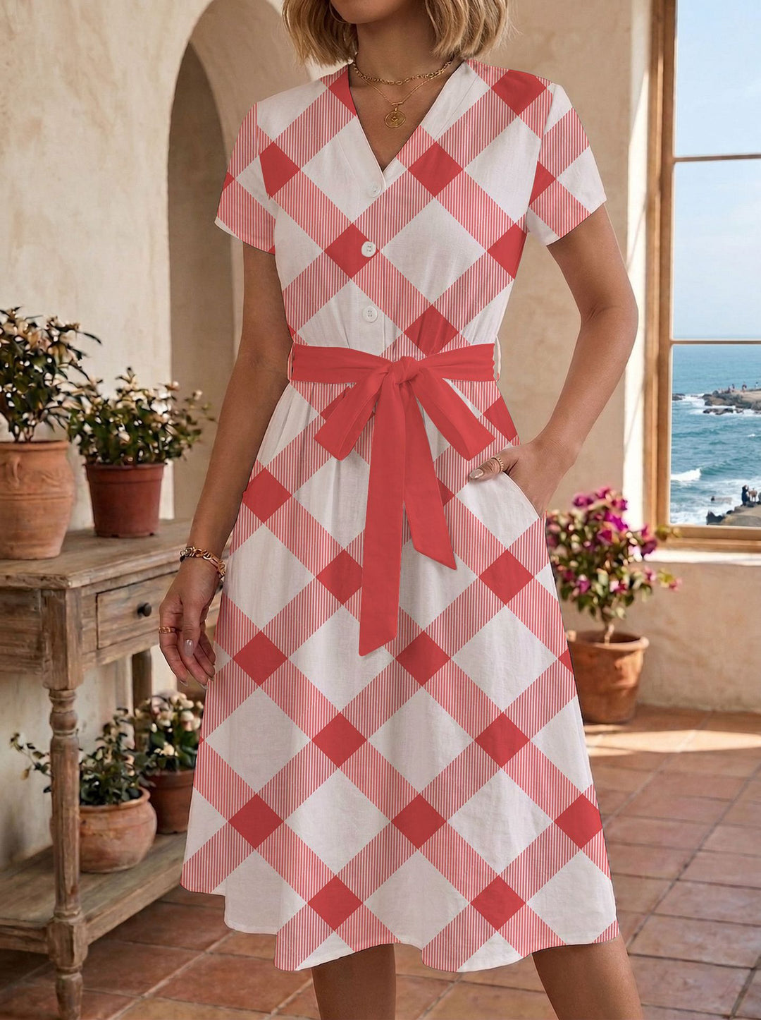 Damen lässiges Maxikleid mit taillierbarem Knoten und dekorativem Karomuster Drune