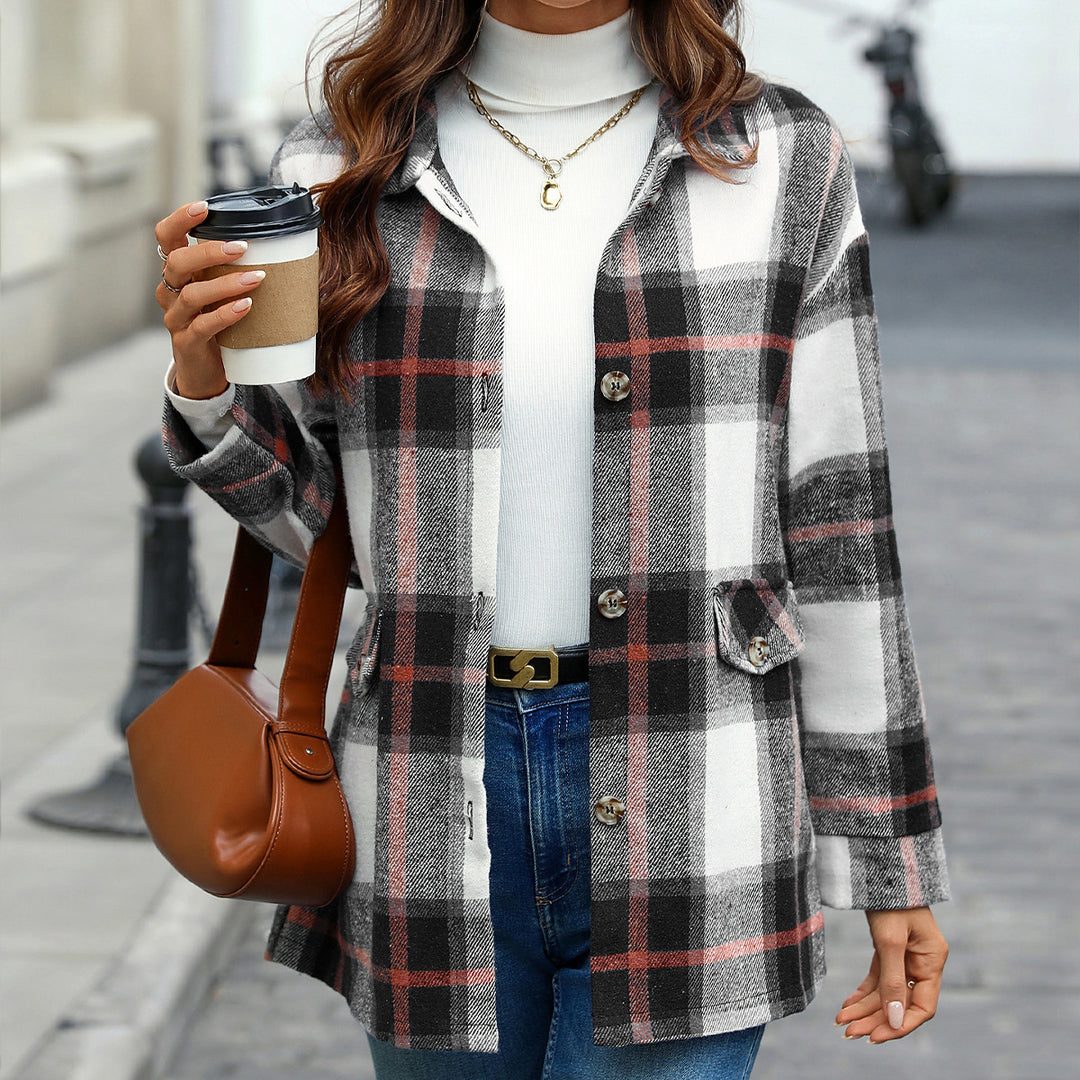 Damen modischer Kariert-Shirtjacke aus weichem Material Drune