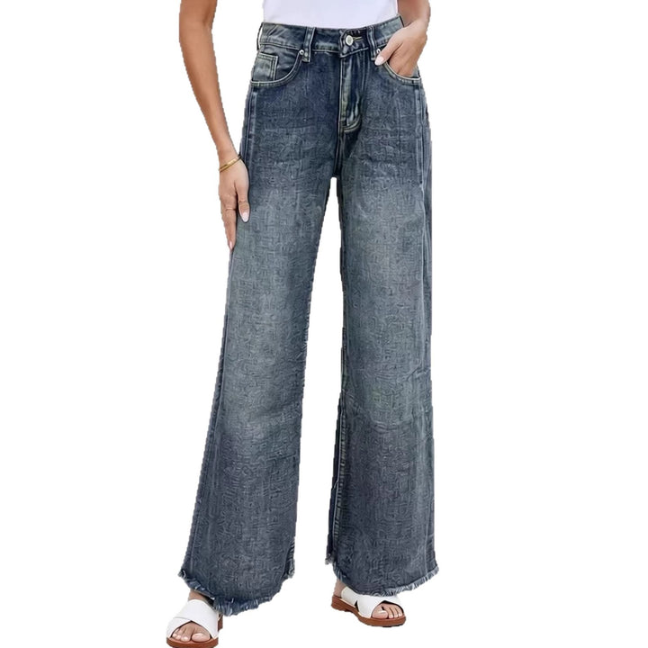 Damen weite Denim-Jeans mit kreativem Muster und fransigem Saum Drune