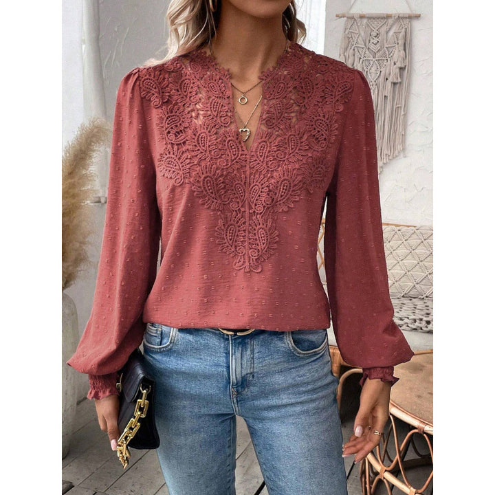 Damen Bluse mit gesticktem V-Ausschnitt und langen Ärmeln Drune