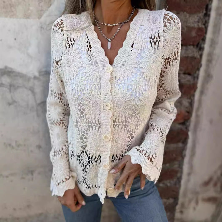 Damen Häkel-Cardigan mit floralem Design und Knopfverschluss Drune