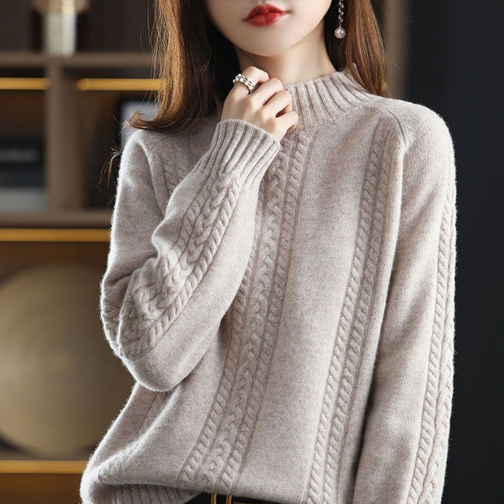 Damen kuscheliger Strickpullover mit hohem Kragen und Zopfmuster Drune
