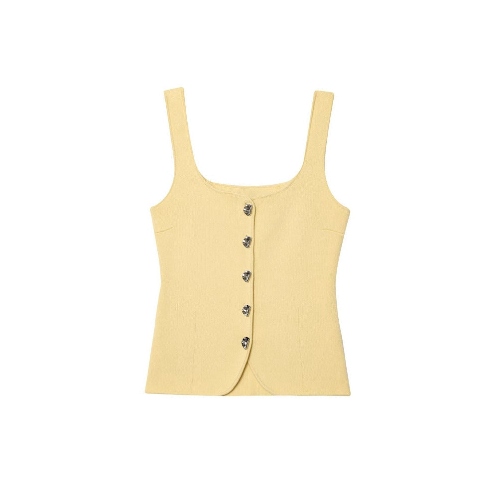 Femme Quadrat-Ausschnitt Knopf-Oben Tank Top Drune
