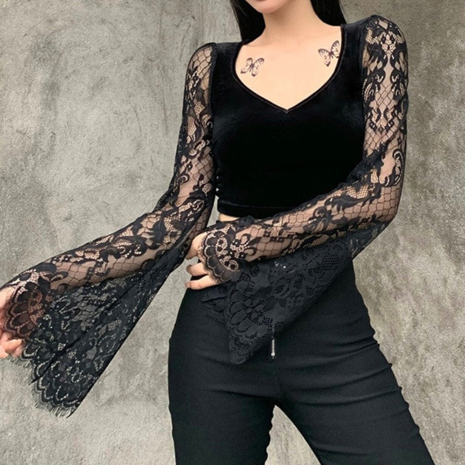 Damen Crop-Top mit eleganten Spitze-Ärmeln und figurbetontem Schnitt Drune