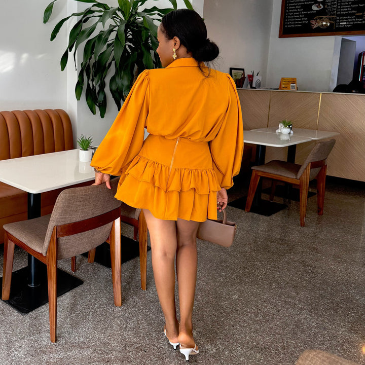 Damen Hemdblusenkleid mit voluminösen Puffärmeln und fließendem Rock Drune