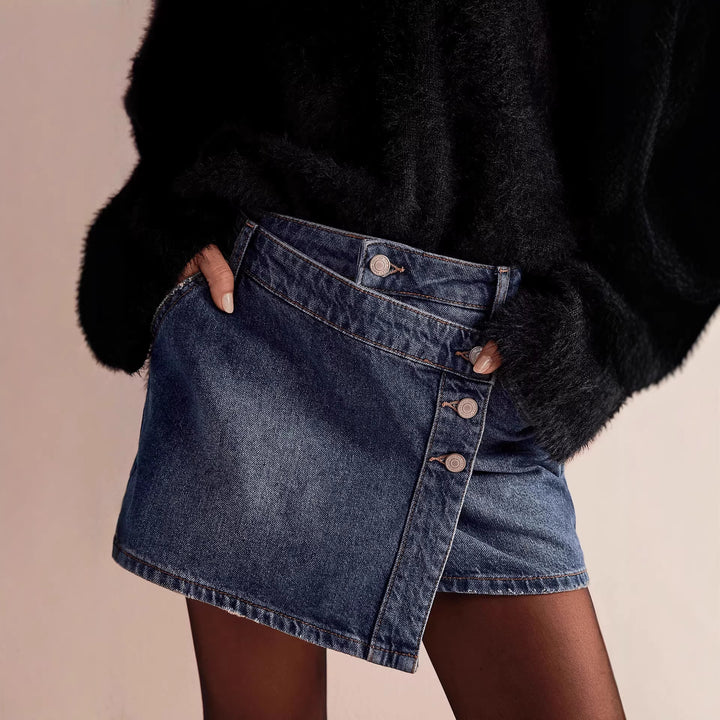 Damen modischer A-Linien-Denimrock mit asymmetrischem Knopfdesign und praktischen Taschen Drune