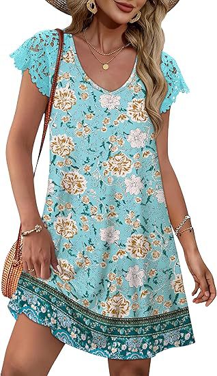 Damen Sommerkleid mit eleganten Spitzenärmeln und floralem Muster Drune