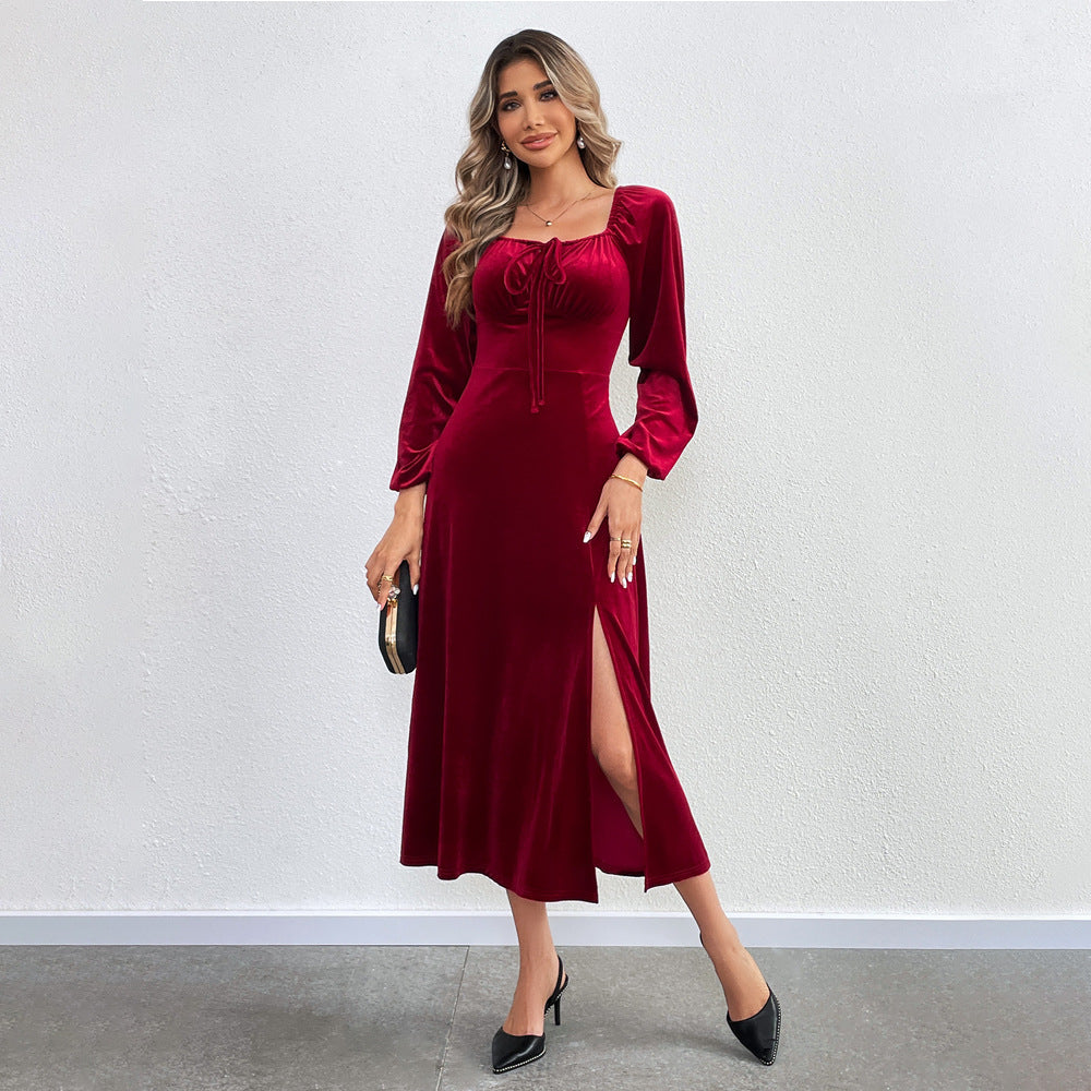 Damen Maxikleid mit eleganter Drapierung und hohem Schlitz Drune