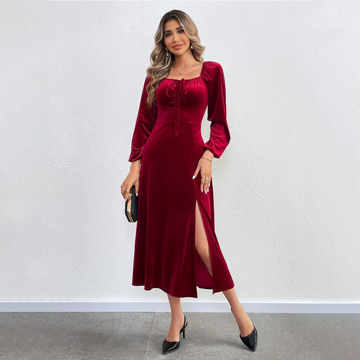 Damen Maxikleid mit eleganter Drapierung und hohem Schlitz Drune