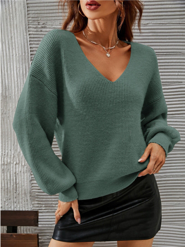 Damen Viskose-Pullover mit tiefem V-Ausschnitt und lässigen Ballonärmeln Drune