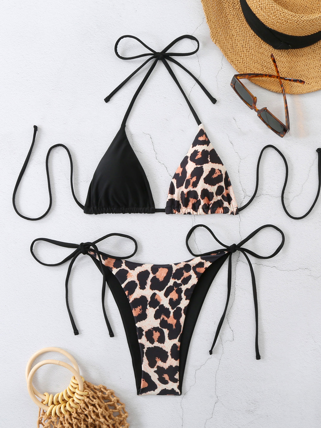Damen Triangel-Bikini mit modernem Leo-Print und verstellbaren Bindebändern Drune