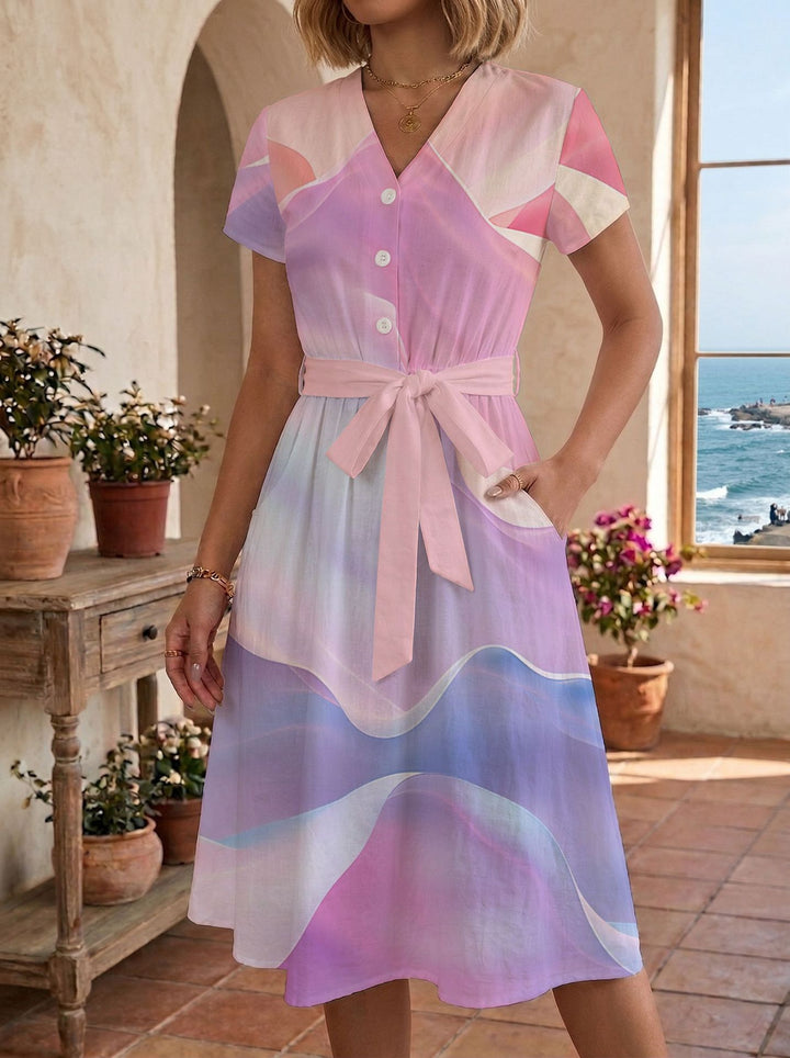 Damen Sommerliches Kleid mit taillierbarem Bindegürtel und floralem Muster Drune