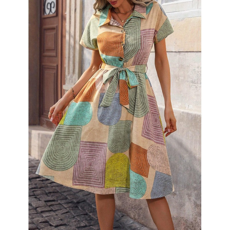 Damen Hemdkleid mit buntem geometrischem Muster und Taillengürtel Drune