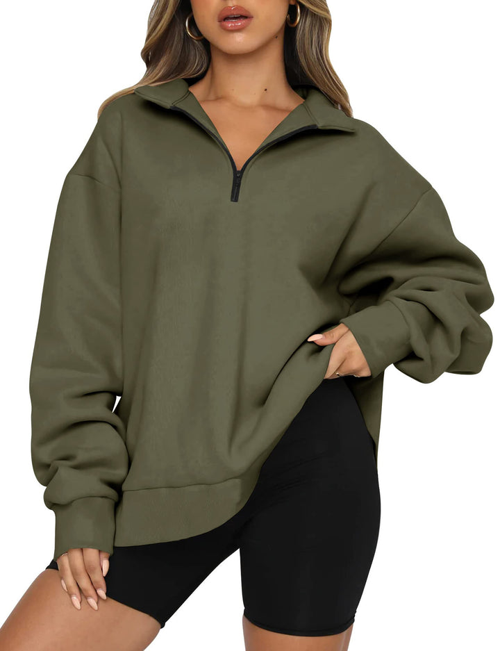 Damen lässiger Sweatpullover mit halbem Reißverschluss und überschnittenen Schultern Drune