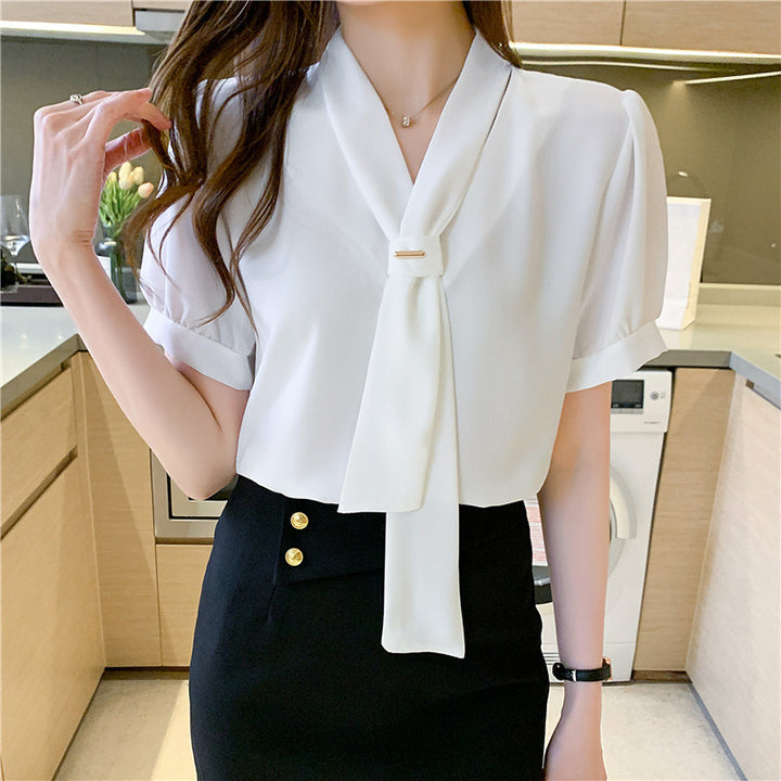 Damen Bluse mit eleganter Schleife und modischen Puffärmeln Drune