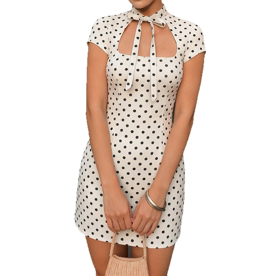 Damen Polka-Dots Minikleid mit modernem Kragen und verspieltem Schleifendetail Drune
