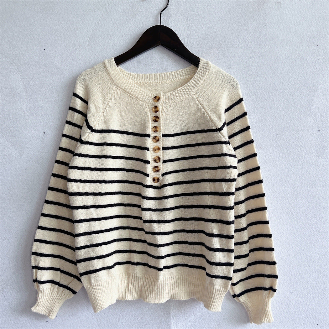 Damen gestreifter Strickpullover mit Knopfdetails und lässigem Schnitt Drune