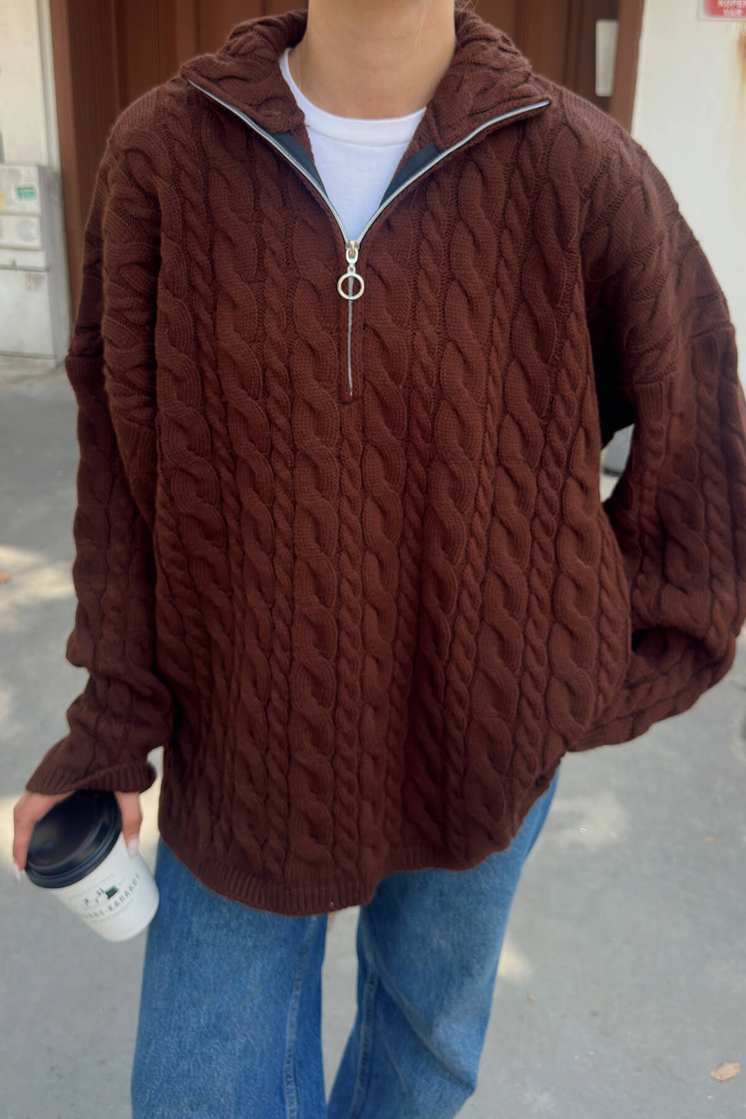 Damen Strickpullover mit halbem Reißverschluss und Zopfmuster Drune