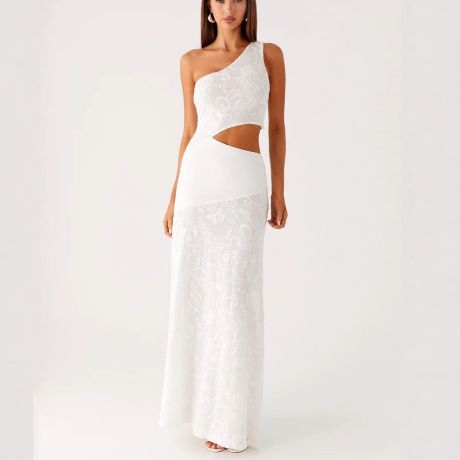 Damen Elegantes Maxikleid mit asymmetrischem Schnitt und floralem Spitzenbesatz Drune