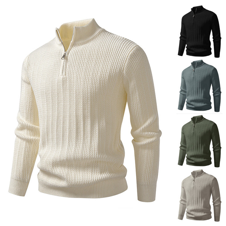 Herren nan feinstrukturierter Halbzip-Pullover mit Stehkragen, geripptem Strukturstrick und schmaler Passform Drune