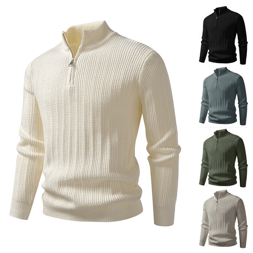 Herren nan feinstrukturierter Halbzip-Pullover mit Stehkragen, geripptem Strukturstrick und schmaler Passform Drune